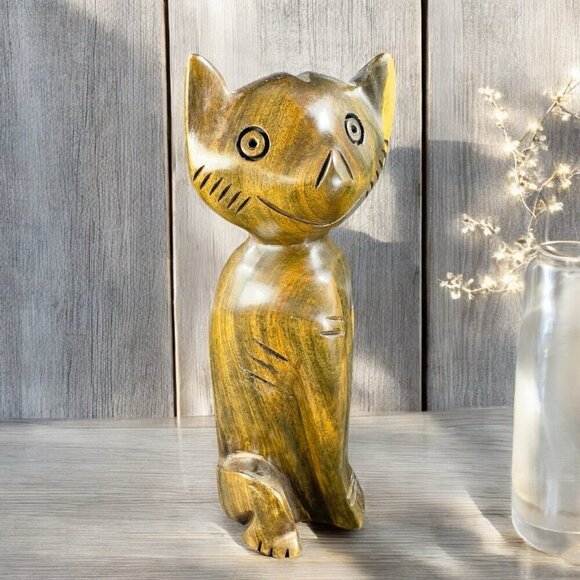 Vintage Hand Carved Wood Kitty Cat Sculpture Figurine Hand Made Decor Cat VTG - Picture 3 of 14